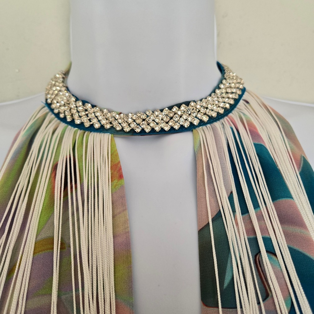 Cupshe Blue Floral Chiffon Fringe Halter Dress Size S Boho Resort Party Cocktail - Picture 4 of 9